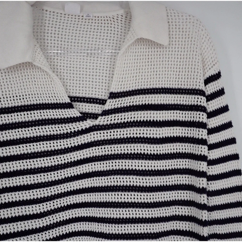GAP Womens Sweater Relaxed Stripe White and Blue Crochet Collared Nautical M